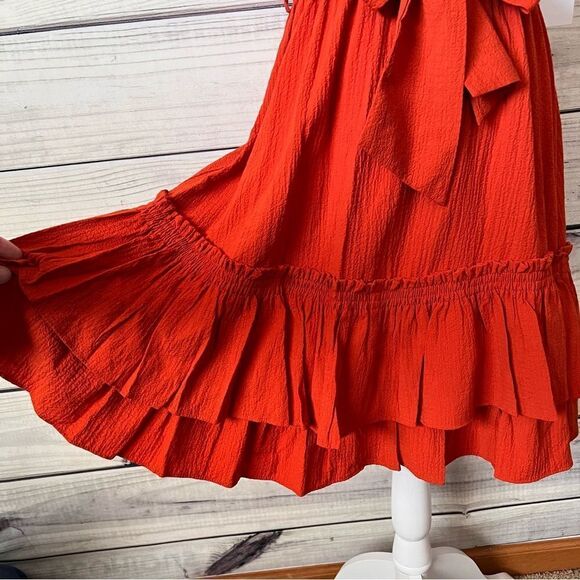 Calvin Klein Rust Orange-Red V Neck Sleeveless Ruffle Flare Dress - Picture 3 of 9